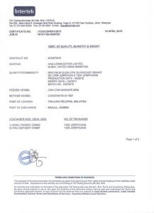 Malaysia Palm Vegetable Cooking Oil Certificate of Quantity & Weight